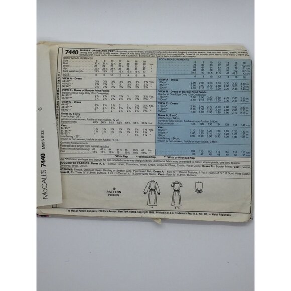 McCall's 7440 Misses Size 6 Bust 30.5 Buttoned Pullover Dress & Vest 1981 - Picture 5 of 5